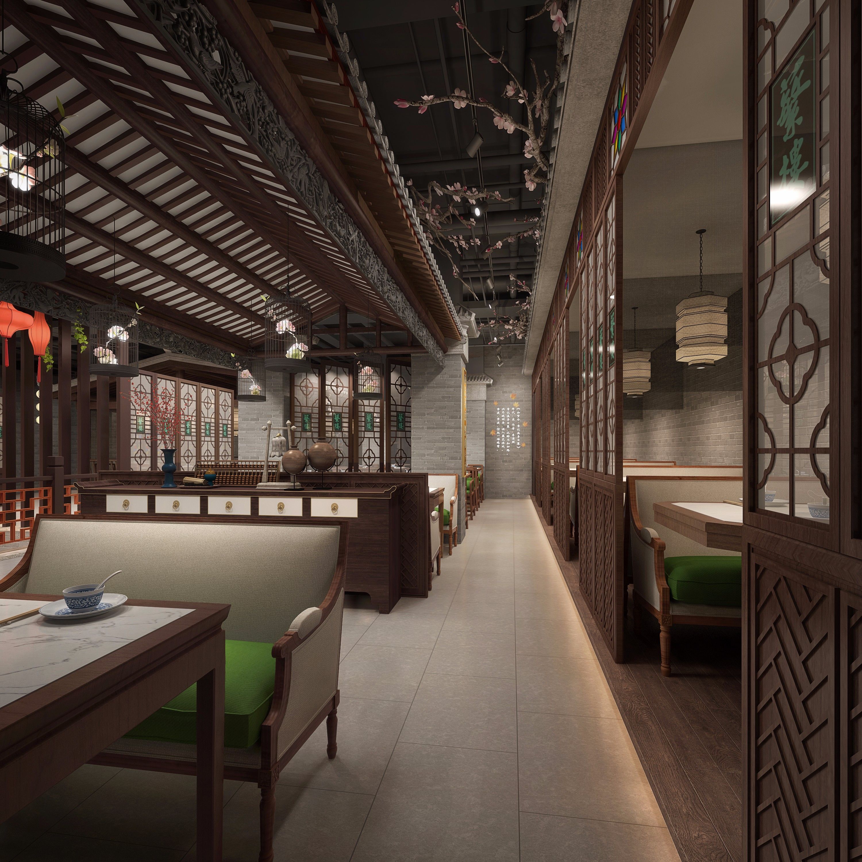 餐厅饭店餐饮空间装修设计效果图片 新中式风格饭店装修图片 700平米