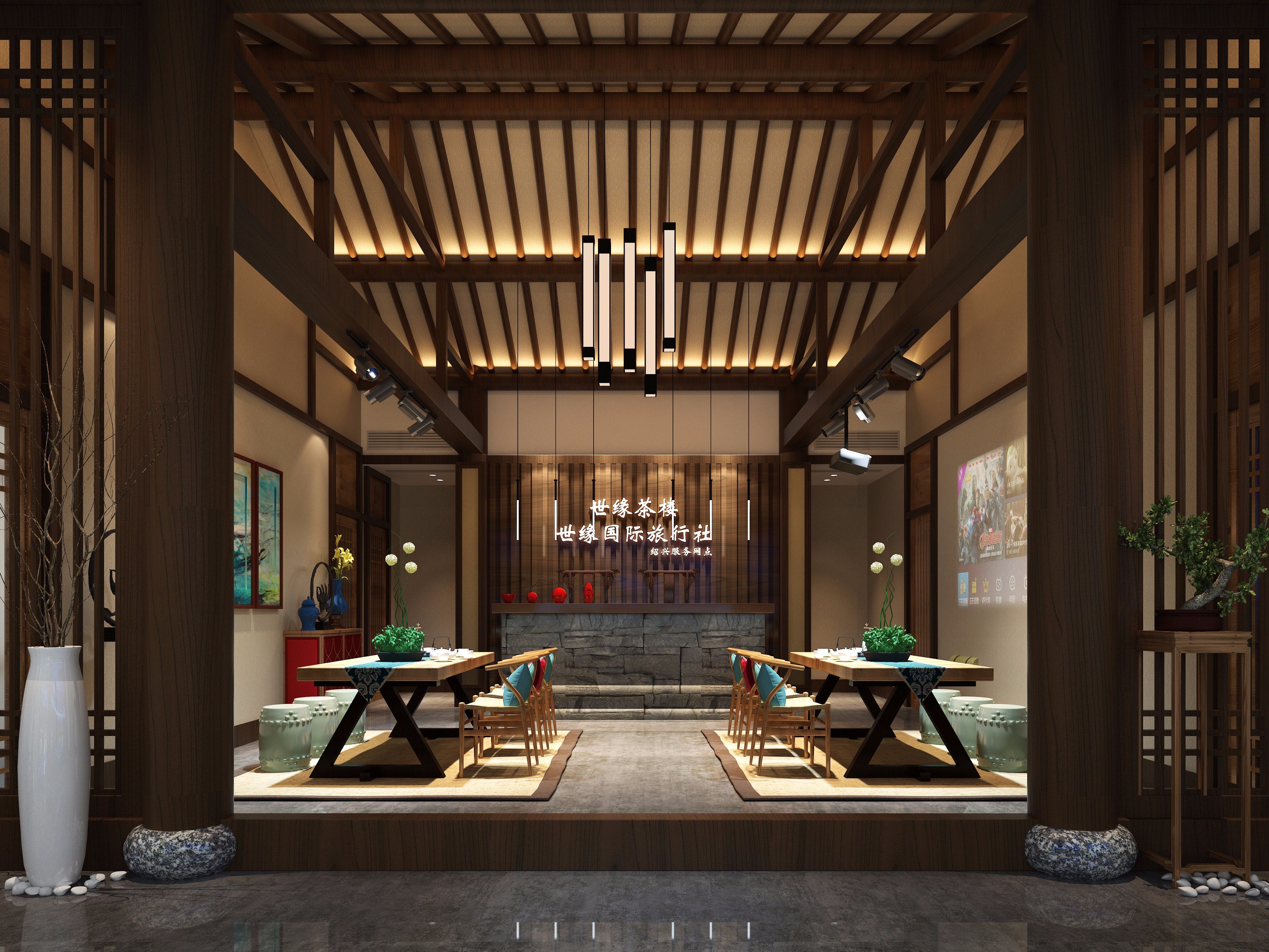 茶餐厅装修样板间图片 新中式风格传统茶楼装修图片欣赏 280平米