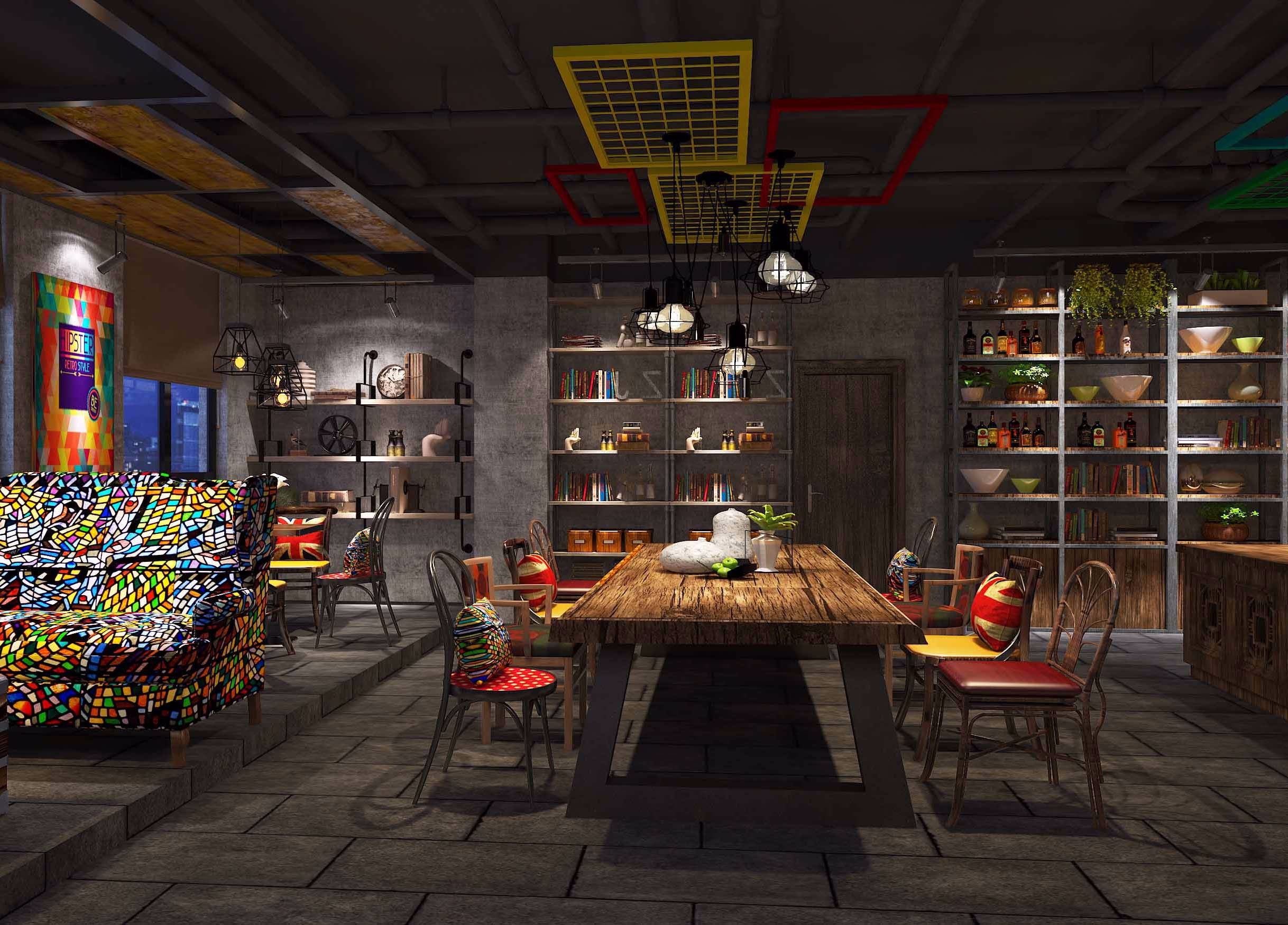 200平方餐饮店烤鱼店装修图片  美式复古餐厅案例图