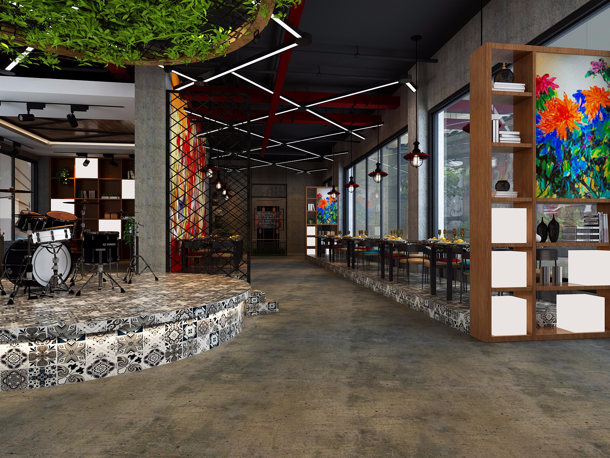 200平方餐饮店烤鱼店装修图片  美式复古餐厅案例图