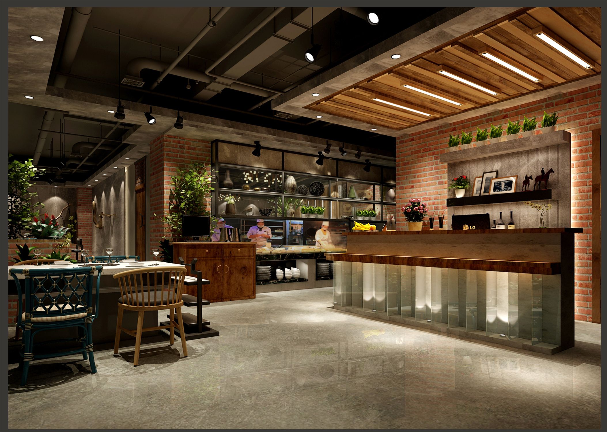 200平米简单大气火锅店装修图片  美式复古火锅装修案例 