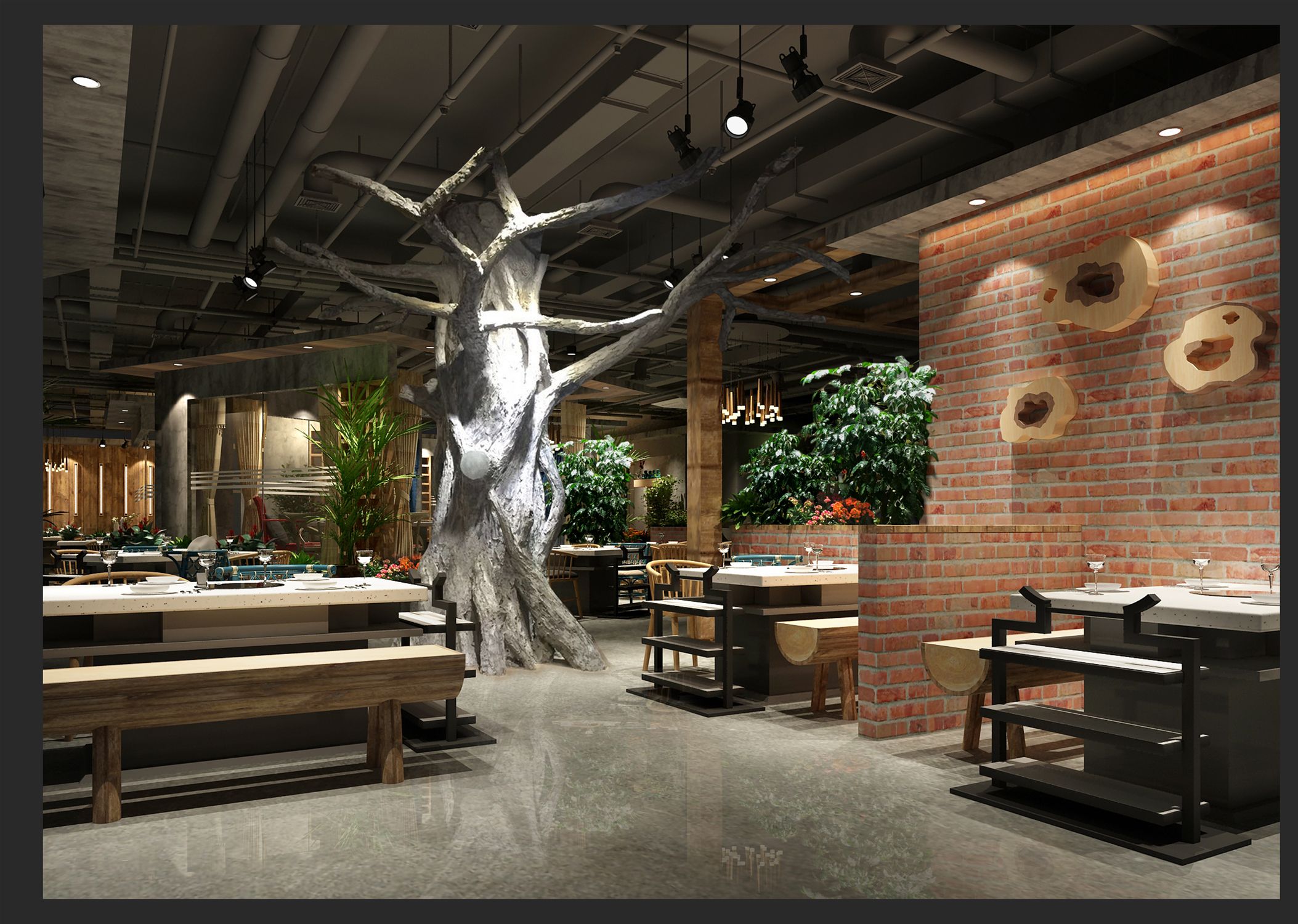 200平米简单大气火锅店装修图片  美式复古火锅装修案例 