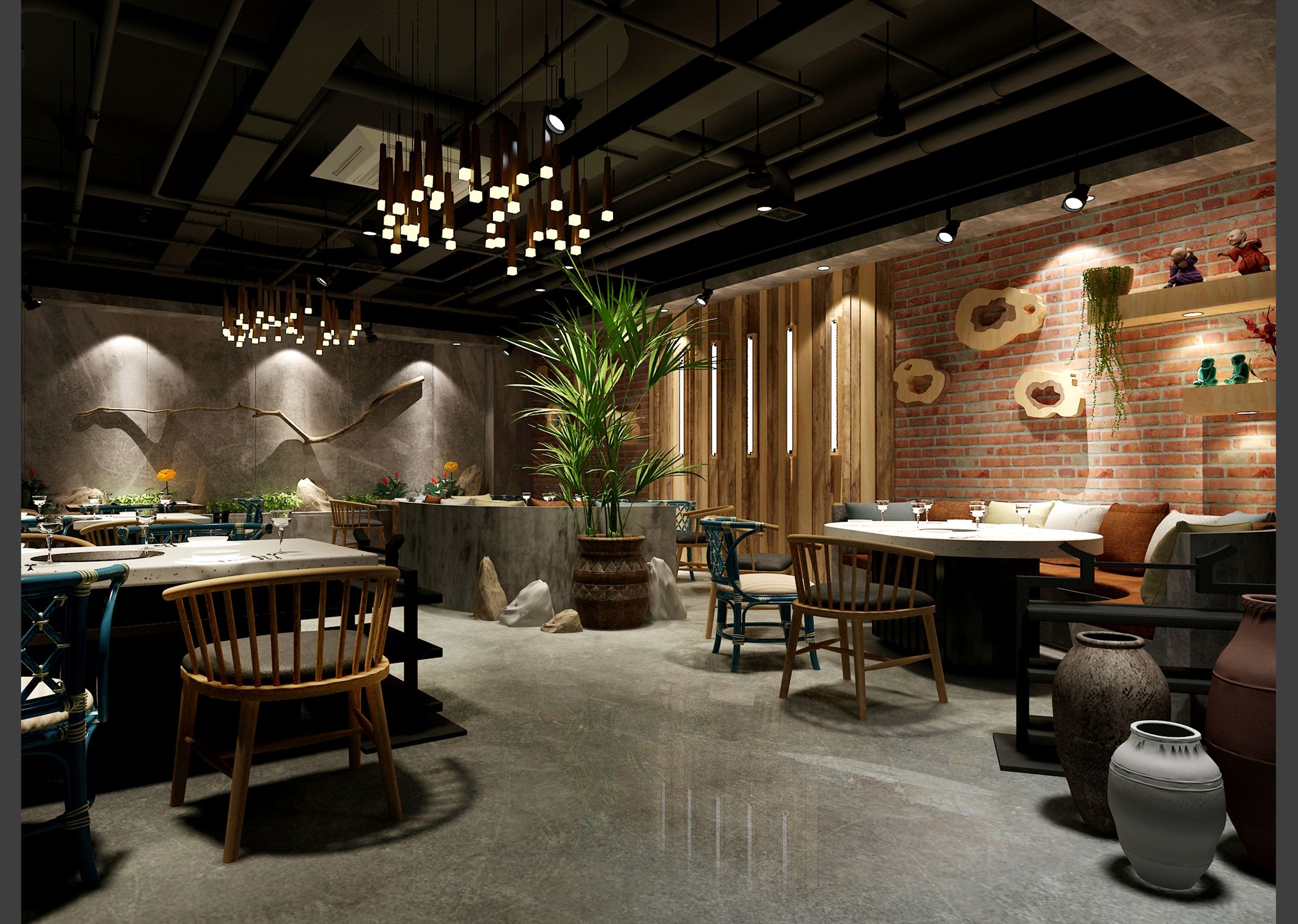 200平米简单大气火锅店装修图片  美式复古火锅装修案例 