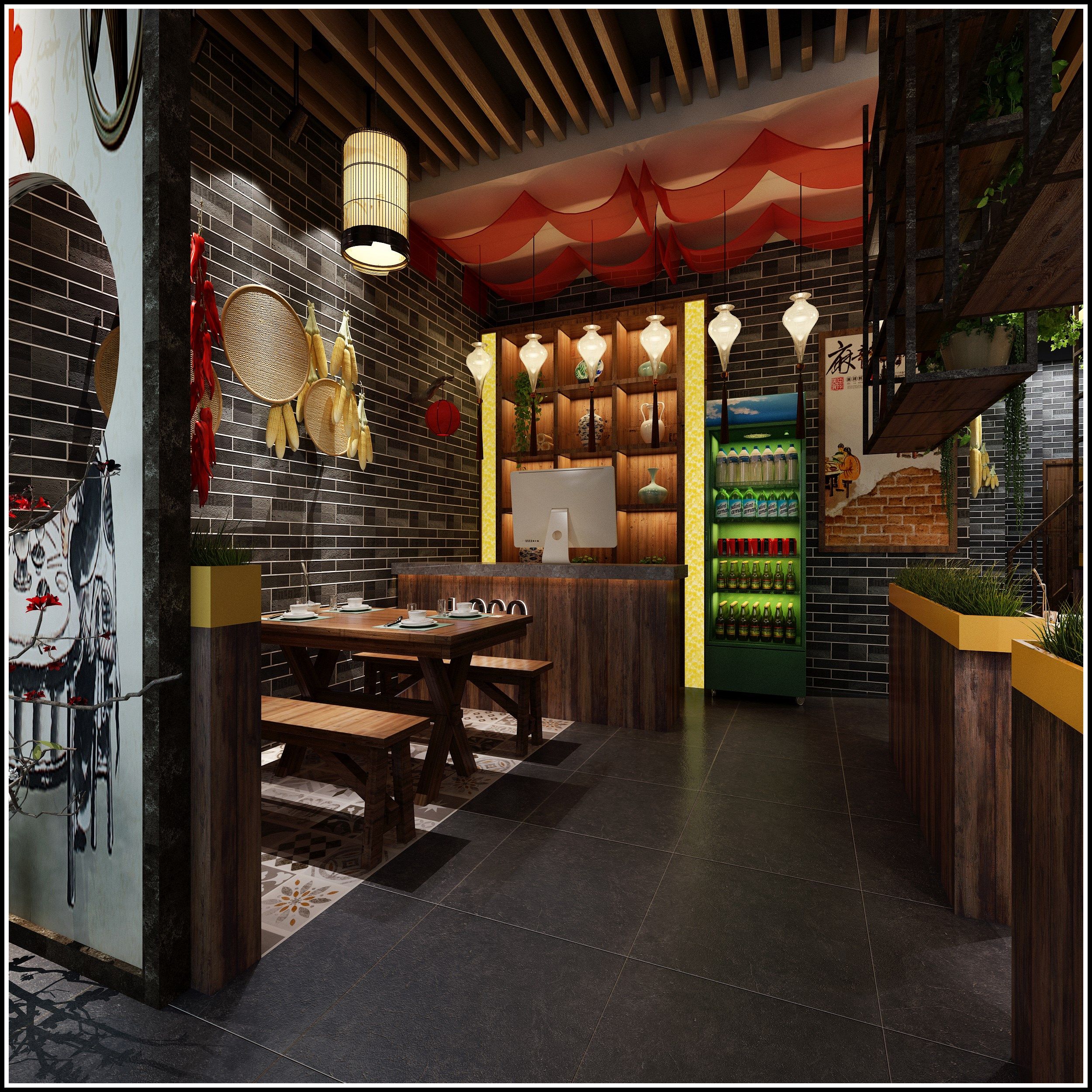 火锅店时尚装修图片 200平米火锅店铺大厅装修设计效果图