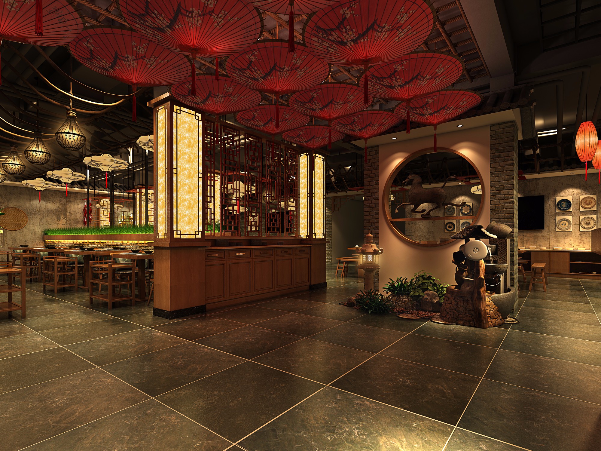 中式风格320平米火锅店装修设计效果图 火锅店铺装修实景图 
