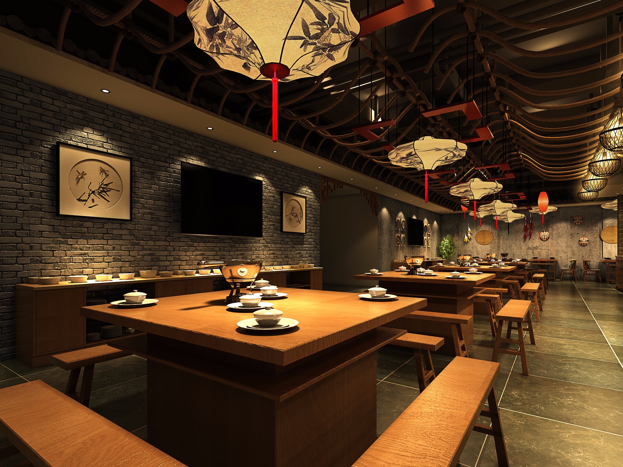 中式风格320平米火锅店装修设计效果图 火锅店铺装修实景图 