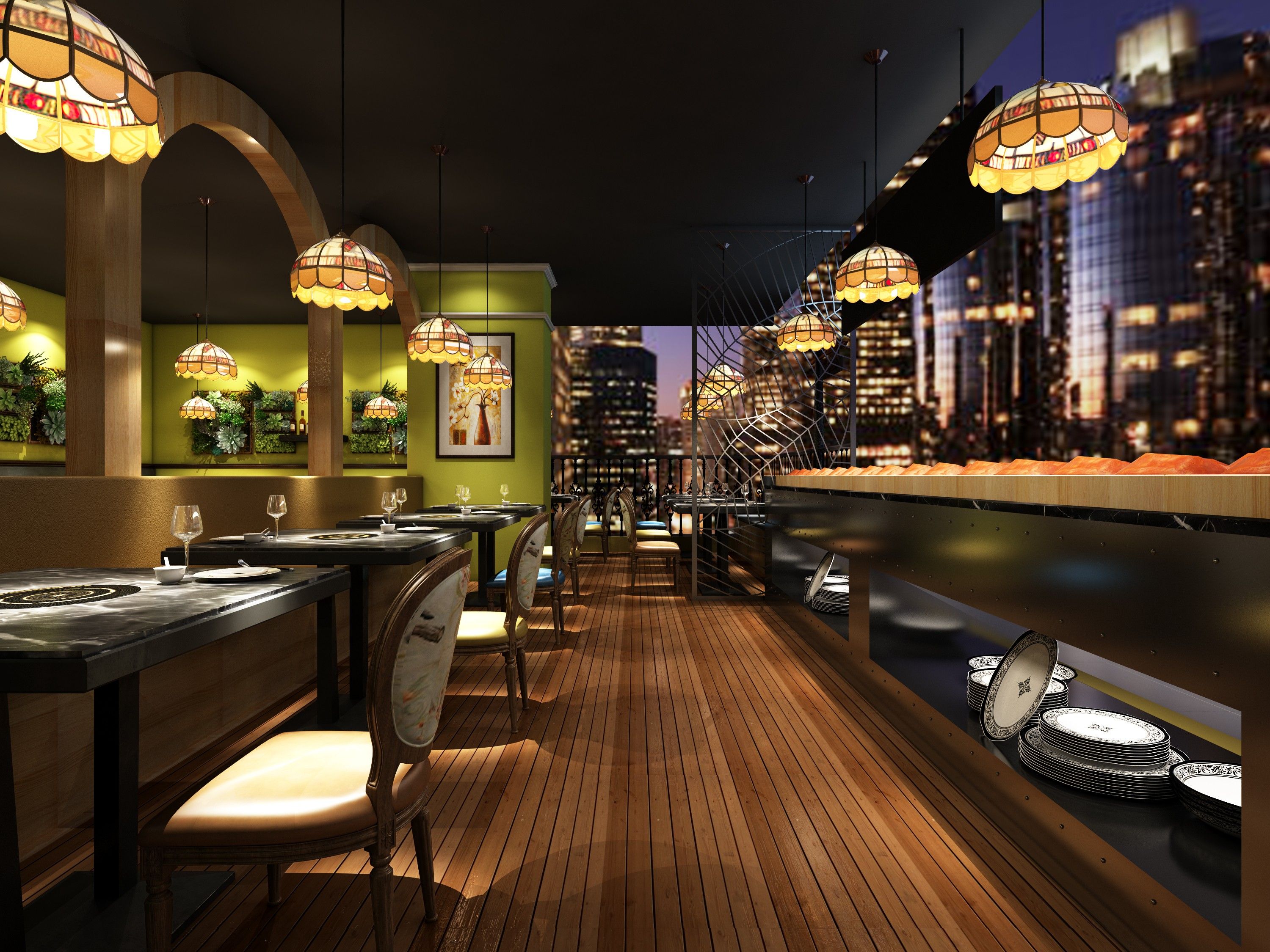 2019烤鱼店装修设计效果图  美式复古风格餐厅装修设计案例图 200平米