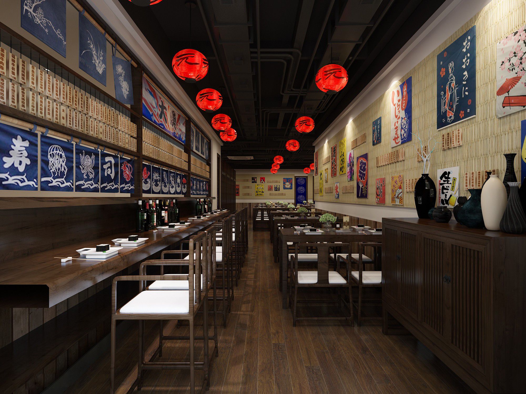 寿司店装修效果图 日式风格餐厅装修设计样板间图片 123平米