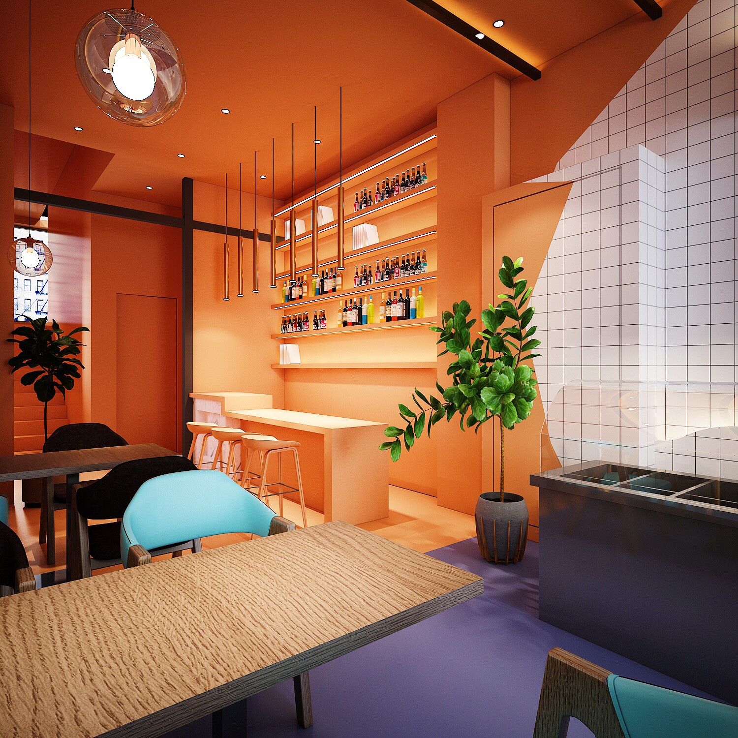 创意设计餐厅装修效果图片 紫色餐厅装修设计样板间图片 165平米