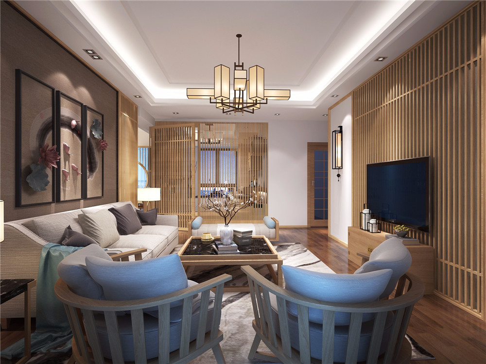 二室装修效果图 新中式风格124平米装修样板间 春锦花园