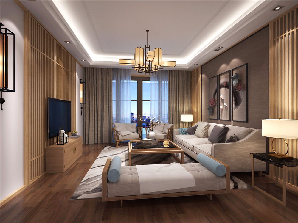 二室装修效果图 新中式风格124平米装修样板间 春锦花园