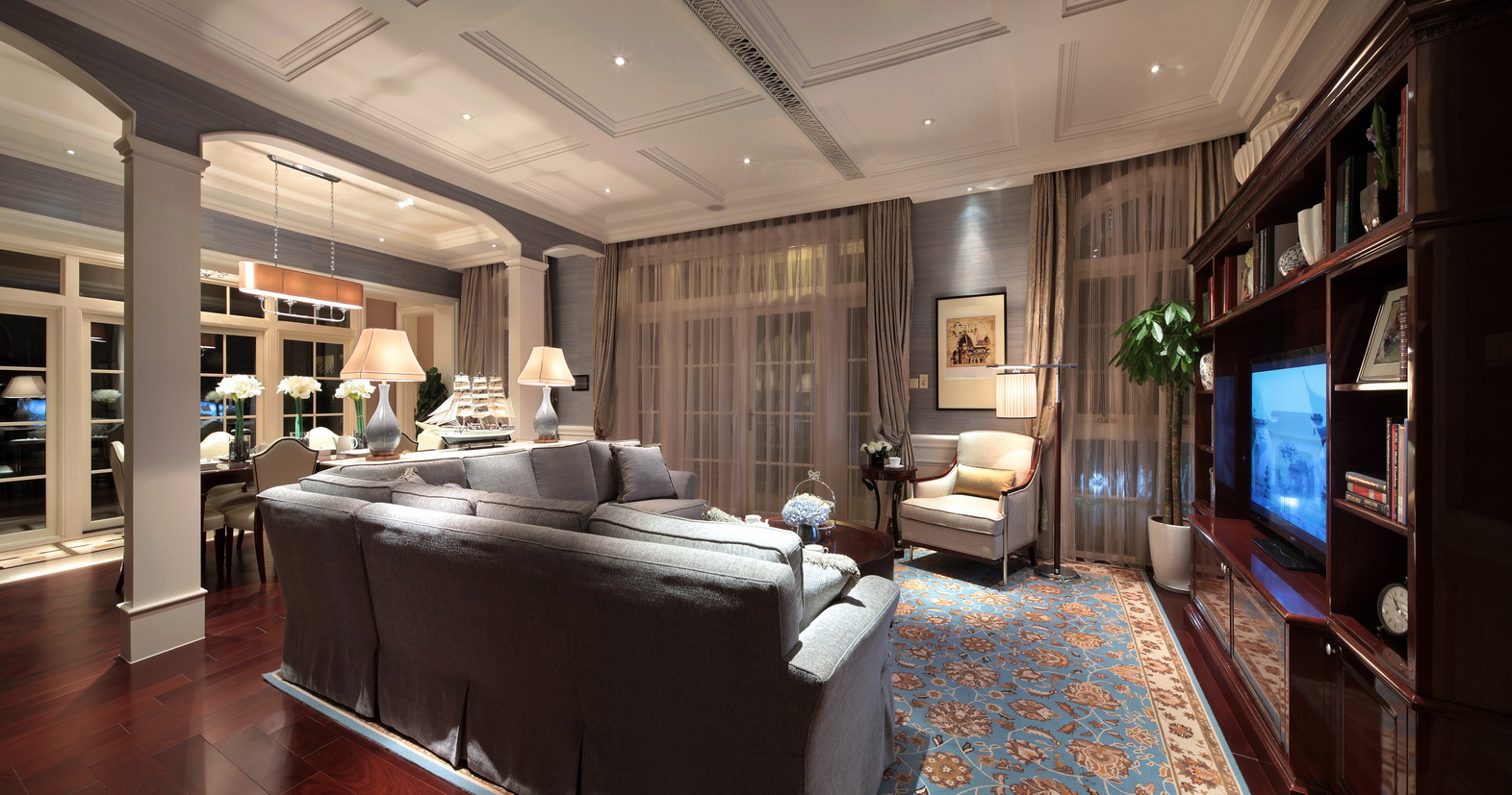 美式复古装修设计样板间图片 130平米装修设计效果图片三室