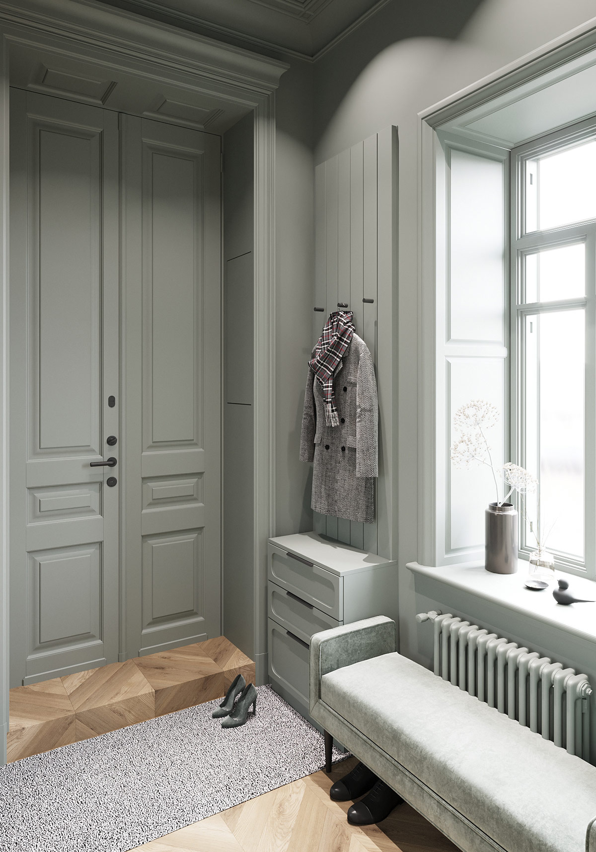 新古典主义与绿色和粉红色装饰的碰撞