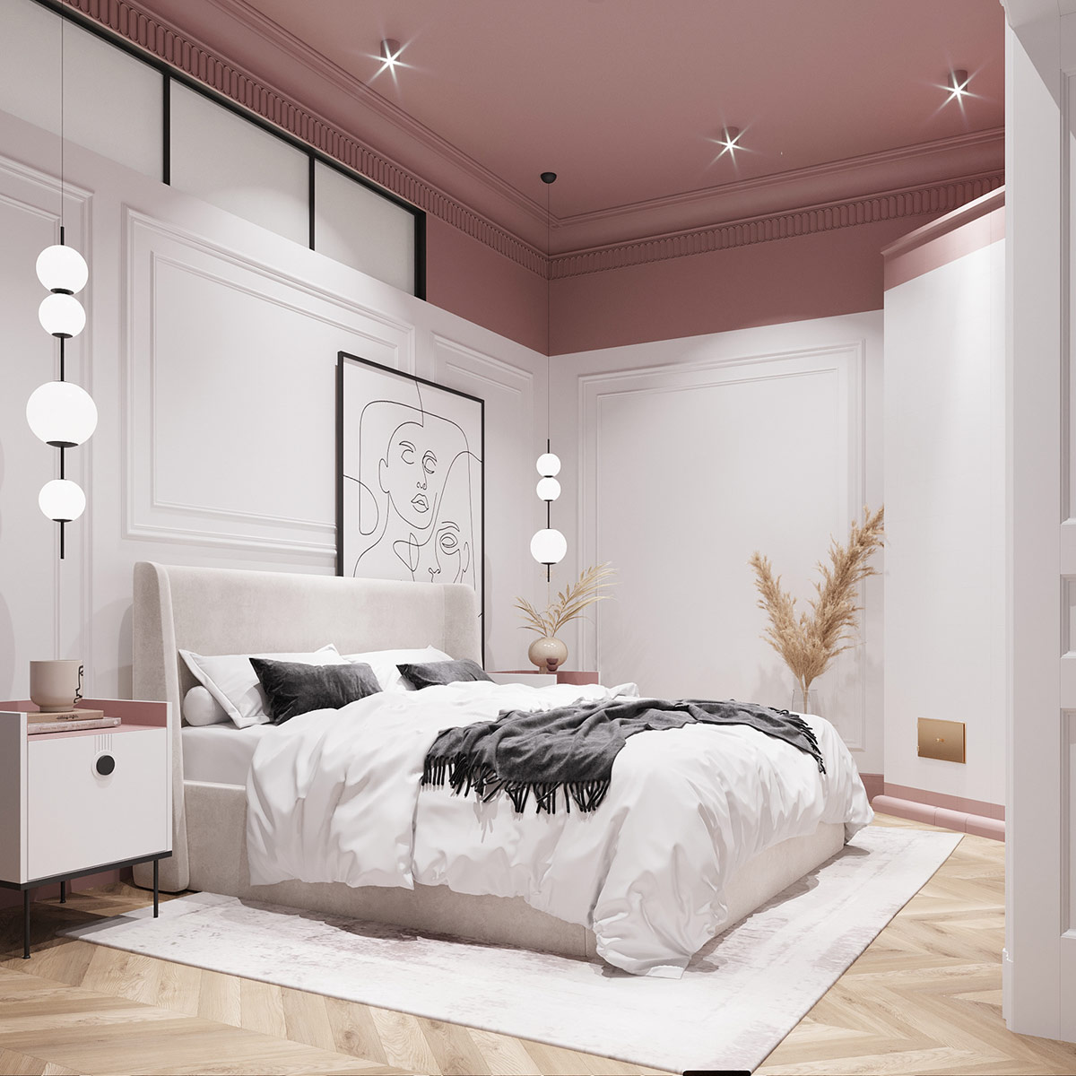 新古典主义与绿色和粉红色装饰的碰撞