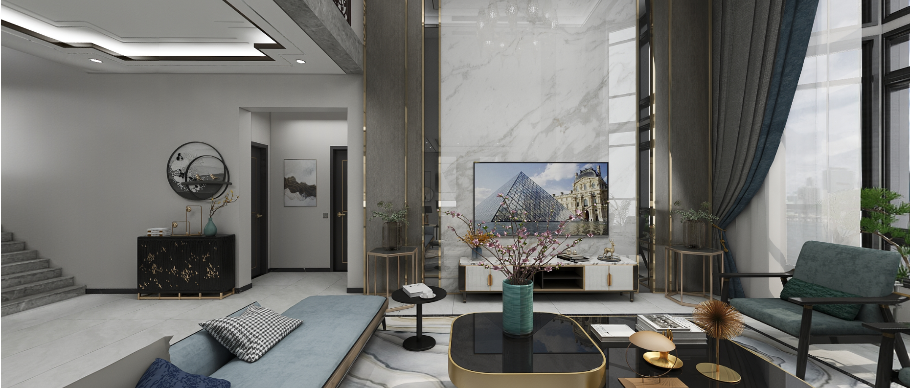 280㎡现代装修风格， 以现代简约黑白灰为主要基调