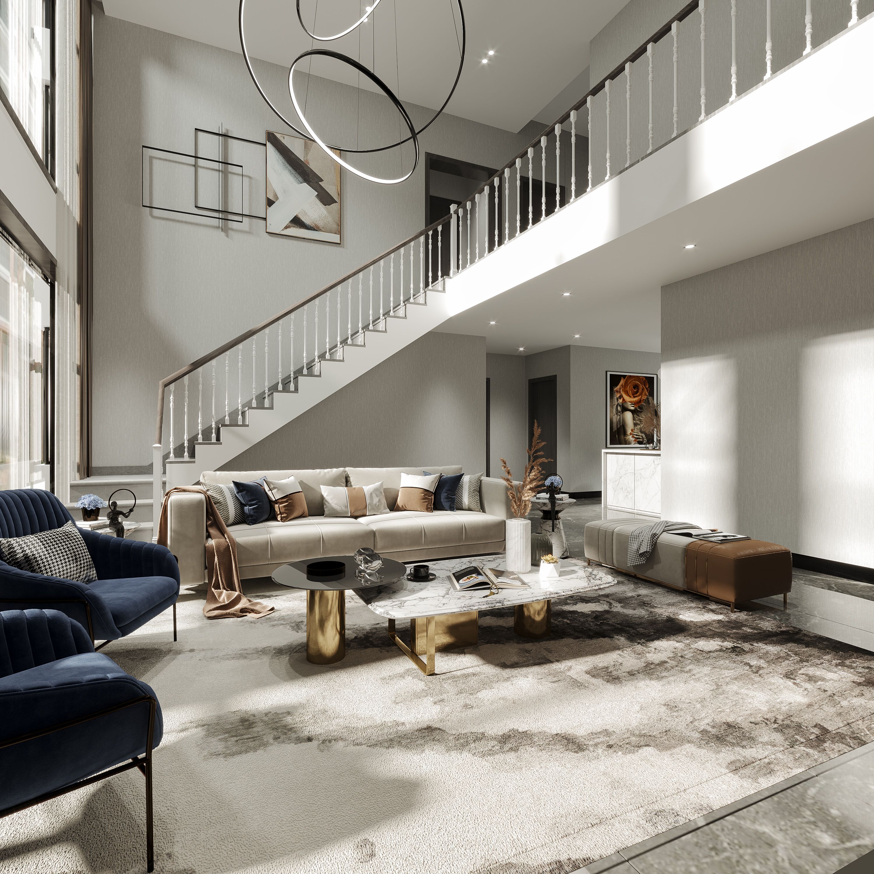 300平现代别墅装修案例， 