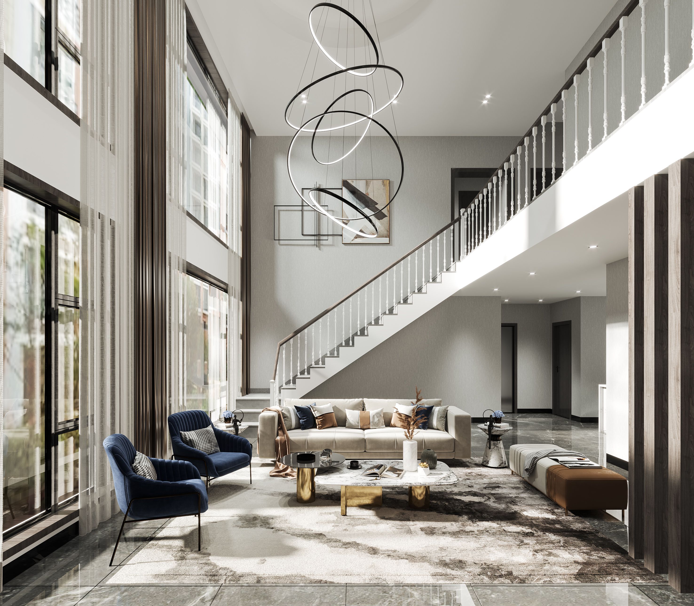 300平现代别墅装修案例， 