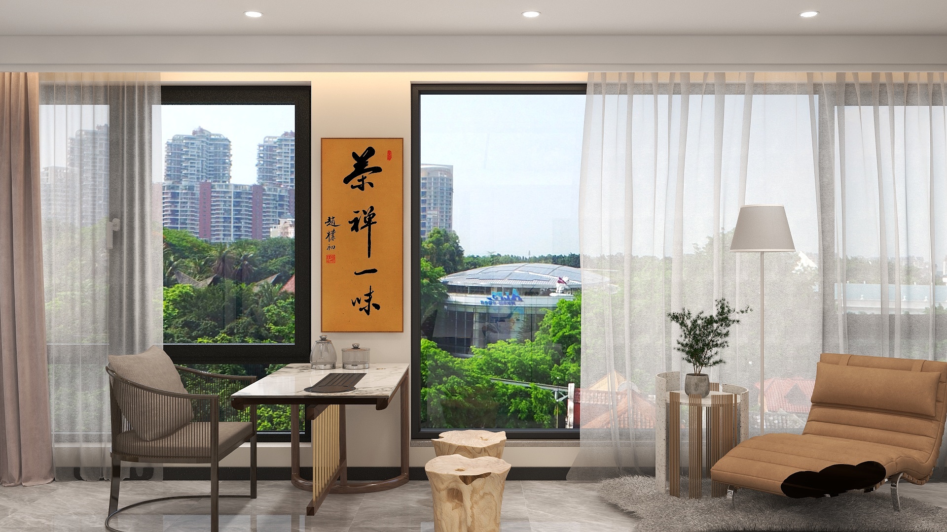 146平方，四室二厅二卫，客厅效果图，客厅阳台一体化，无主灯吊顶，轻奢风