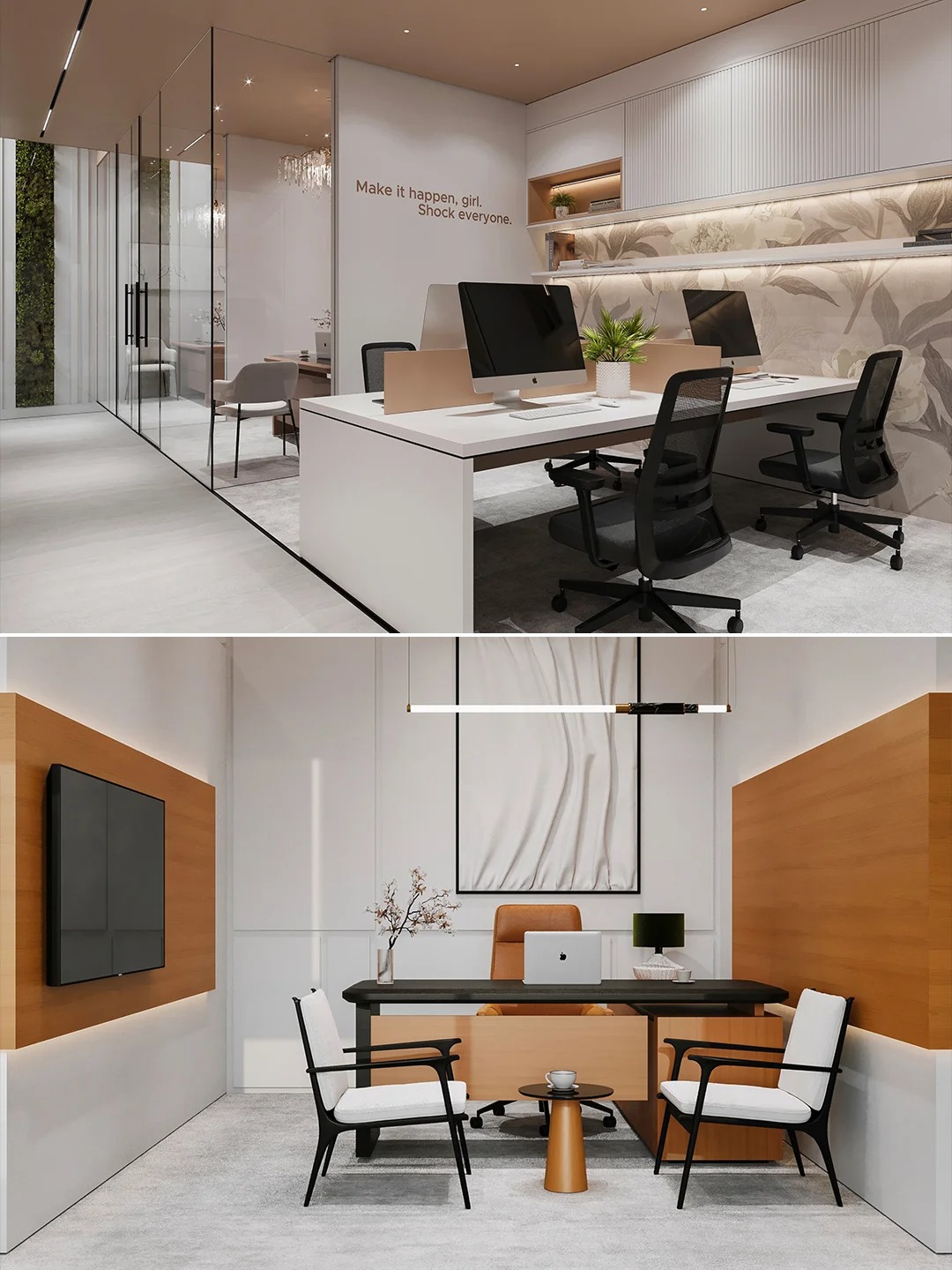 办公室装修设计|原木+灰白黑营造的极简