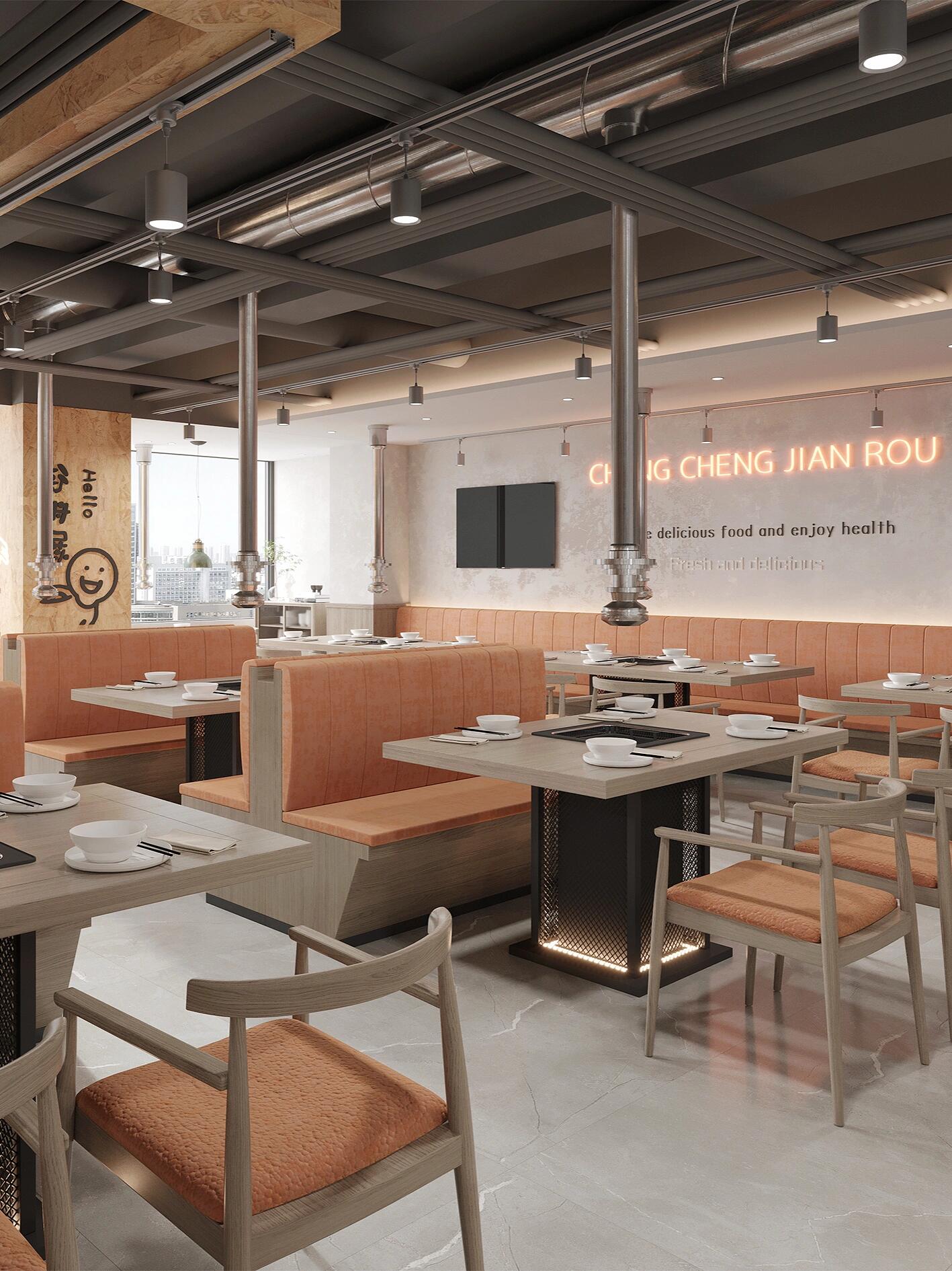 烧烤店，275平米。现代风格。基础装修造价：12.75万。