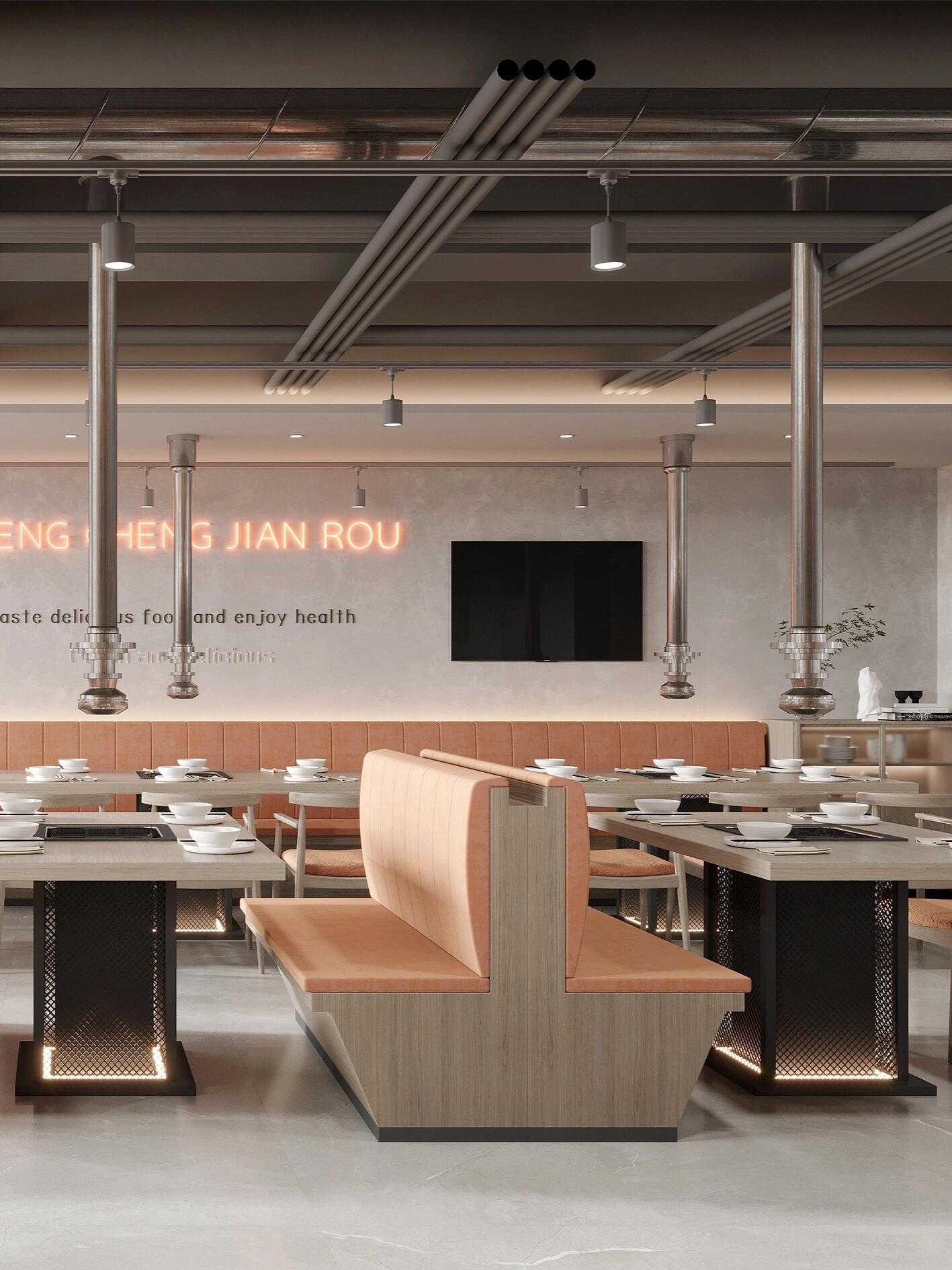 烧烤店，275平米。现代风格。基础装修造价：12.75万。